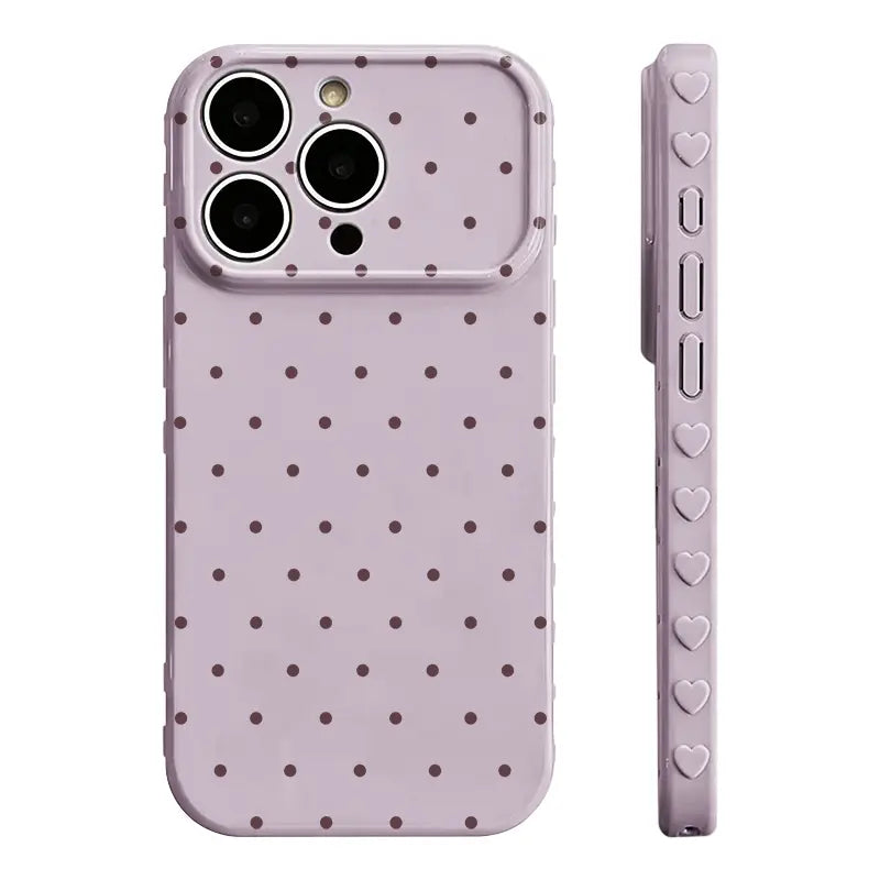 Polka‑Dot Heart‑Border Phone Case Made of Premium Glossy Soft Tpu‑Pc Composite Material. the Smooth Skin‑Friendly Surface Resists Fingerprints and Delivers a Silky Non‑Slip Grip. Exquisite Embossed Heart Patterns on Side Borders Add Sweet Detail