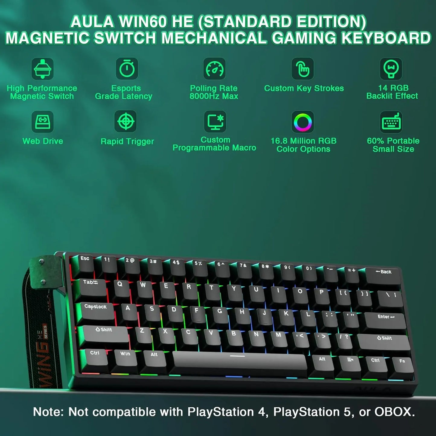 Aula WIN60 HE 60% Mechanical Keyboard Wired, Hall Effect Gaming Keyboard Magnetic Switch Hot Swappable, Adjustable Actuation Rapid Trigger Mode 8000Hz Polling Rate, RGB Keyboard 60 Percent Design