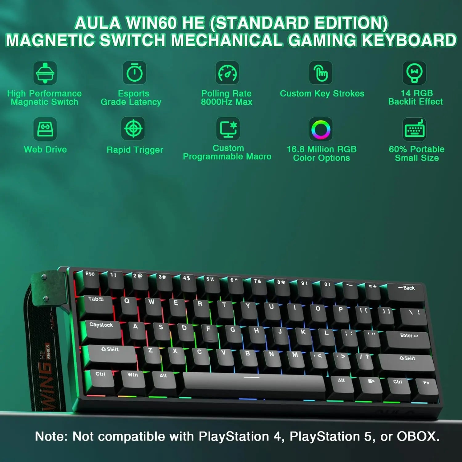 Aula WIN60 HE 60% Mechanical Keyboard Wired, Hall Effect Gaming Keyboard Magnetic Switch Hot Swappable, Adjustable Actuation Rapid Trigger Mode 8000Hz Polling Rate, RGB Keyboard 60 Percent Design