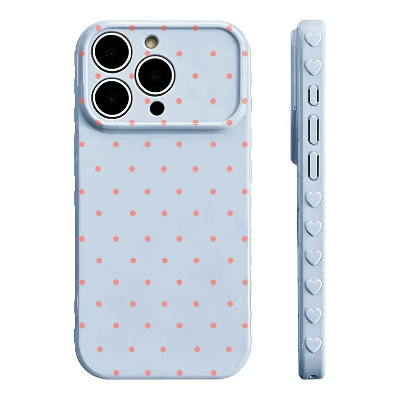 Polka‑Dot Heart‑Border Phone Case Made of Premium Glossy Soft Tpu‑Pc Composite Material. the Smooth Skin‑Friendly Surface Resists Fingerprints and Delivers a Silky Non‑Slip Grip. Exquisite Embossed Heart Patterns on Side Borders Add Sweet Detail