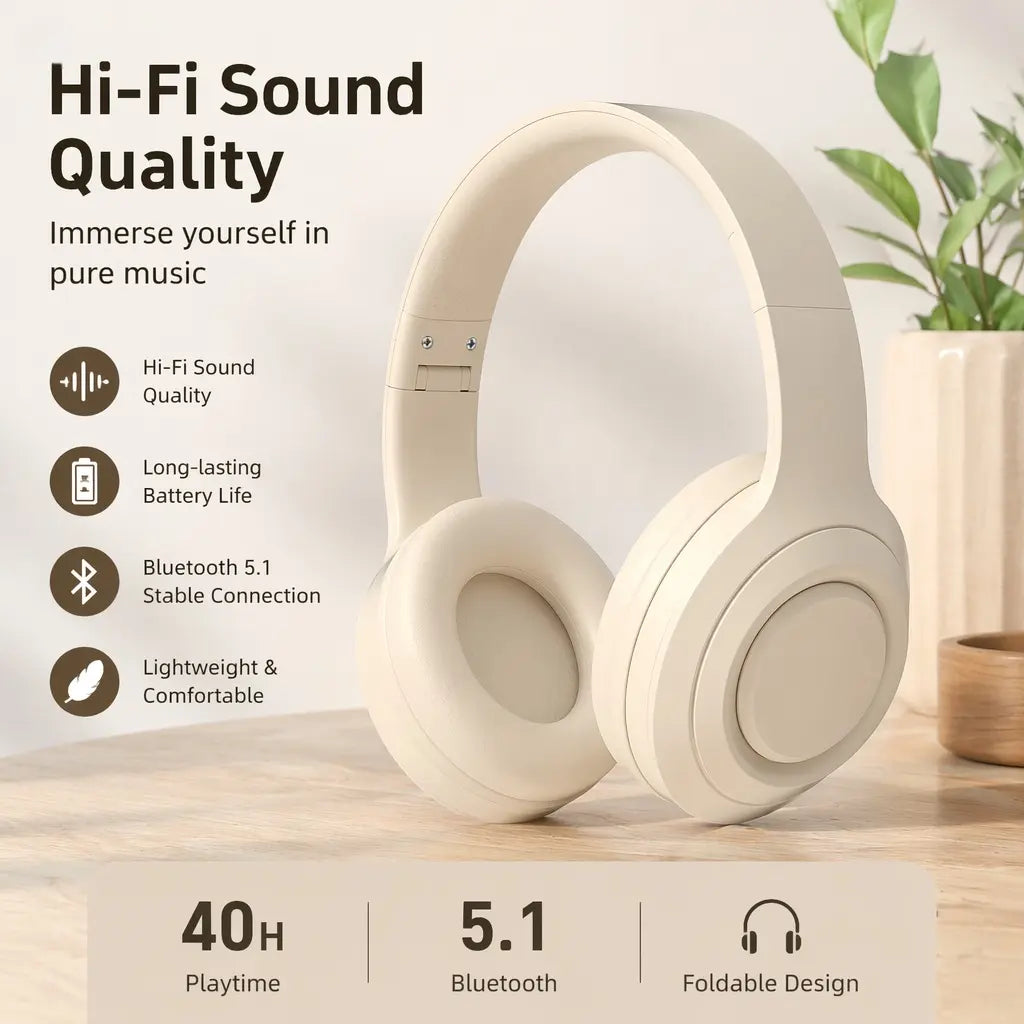Black Wireless Bluetooth Over-Ear Headphones - Deep Bass Hi-Fi Stereo, 40H Playtime, Foldable Lightweight Headset with Mic for Ios/Android Devices, Wireless Headphones