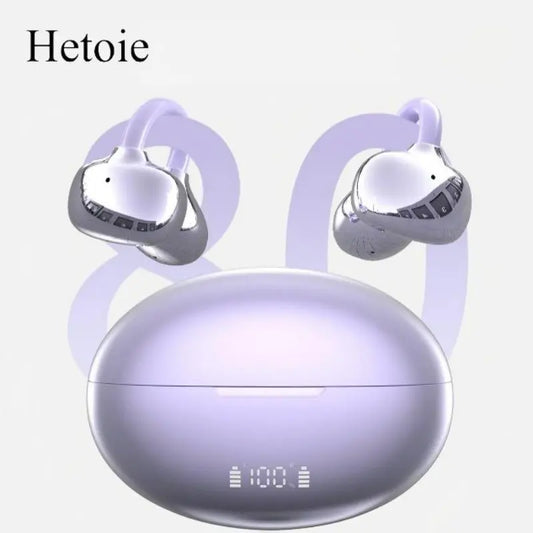 Hetoie 2026 Open Ear Wireless Earbuds - Clip-On Headphones with Microphone, Hi-Fi Stereo Deep Bass, Type-C Fast Charging, Auto Connect, Secure Fit for Sports and Gaming, Clear Sound for Office Use, Compatible with iOS, Android, and PC