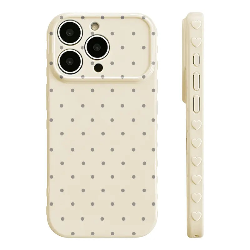 Polka‑Dot Heart‑Border Phone Case Made of Premium Glossy Soft Tpu‑Pc Composite Material. the Smooth Skin‑Friendly Surface Resists Fingerprints and Delivers a Silky Non‑Slip Grip. Exquisite Embossed Heart Patterns on Side Borders Add Sweet Detail