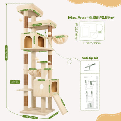 Globlazer Heavy Duty83''Cat Mansion, Space-Saving Corner Cat Furniture with 2 Condo ＆6 Sisal Scratching Post