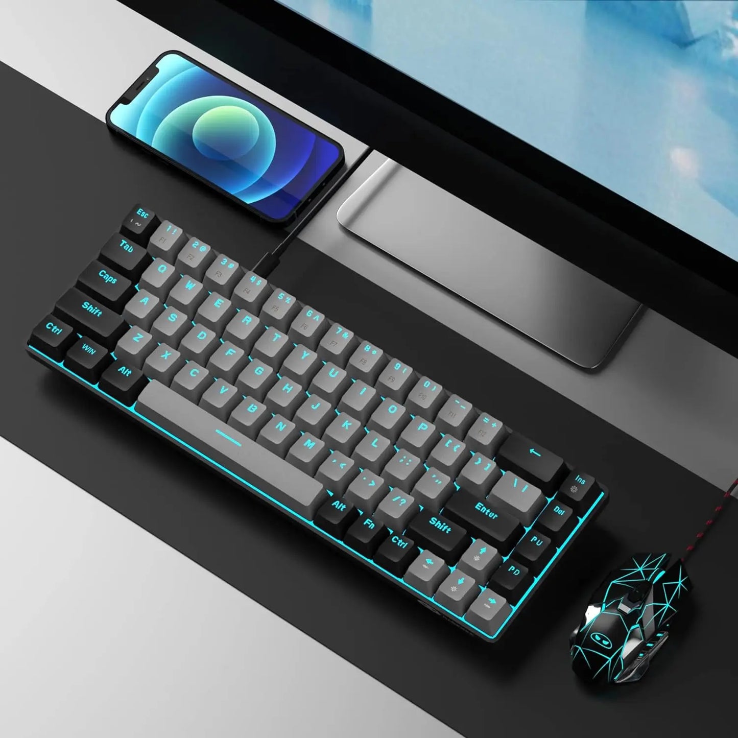 Magegee Portable 60% Mechanical Gaming Keyboard, Mk-Box LED White Backlit Compact 68 Keys Mini Wired Office Keyboard with Red Switch for Windows Laptop PC Mac - Grey