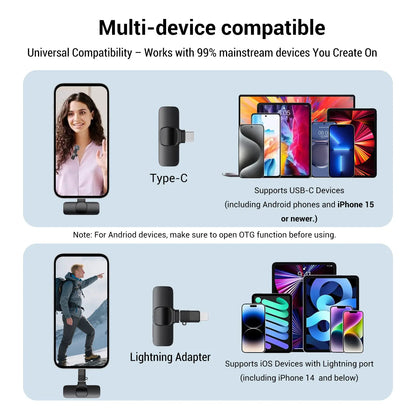 Hitozon Wireless Mini Lavalier Microphone for iPhone 15/16/17, iPad, and Android - Portable USB-C Mic with Noise Reduction for Video Recording, Vlogging, TikTok, and YouTube