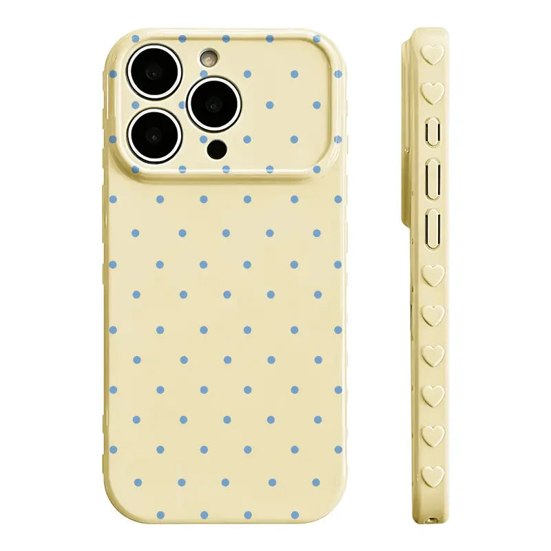 Polka‑Dot Heart‑Border Phone Case Made of Premium Glossy Soft Tpu‑Pc Composite Material. the Smooth Skin‑Friendly Surface Resists Fingerprints and Delivers a Silky Non‑Slip Grip. Exquisite Embossed Heart Patterns on Side Borders Add Sweet Detail