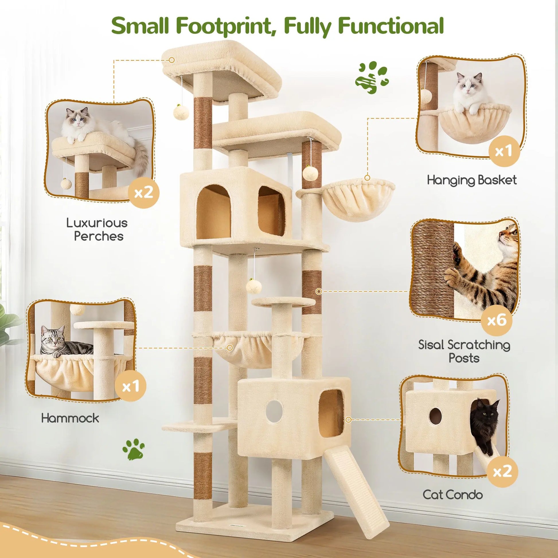 Globlazer Heavy Duty83''Cat Mansion, Space-Saving Corner Cat Furniture with 2 Condo ＆6 Sisal Scratching Post