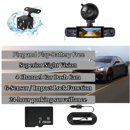 4-Channel Dash Cam,(Not Wireless) 1080P Full HD Front+720P Rear Left Right Coverage, Requires Charging to Use,Super Night Vision, G-Sensor, with Free 256GB Memory Card, #Summervibes