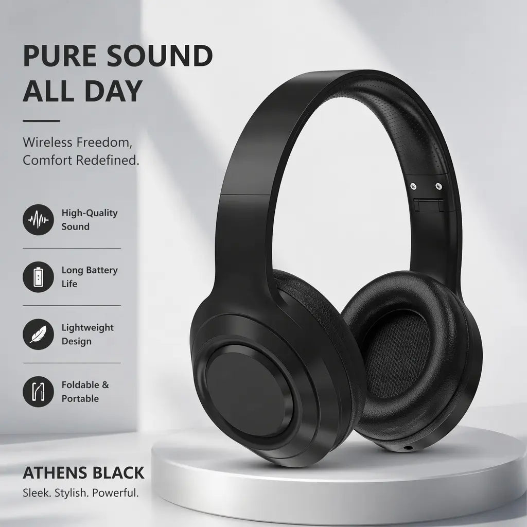 Black Wireless Bluetooth Over-Ear Headphones - Deep Bass Hi-Fi Stereo, 40H Playtime, Foldable Lightweight Headset with Mic for Ios/Android Devices, Wireless Headphones