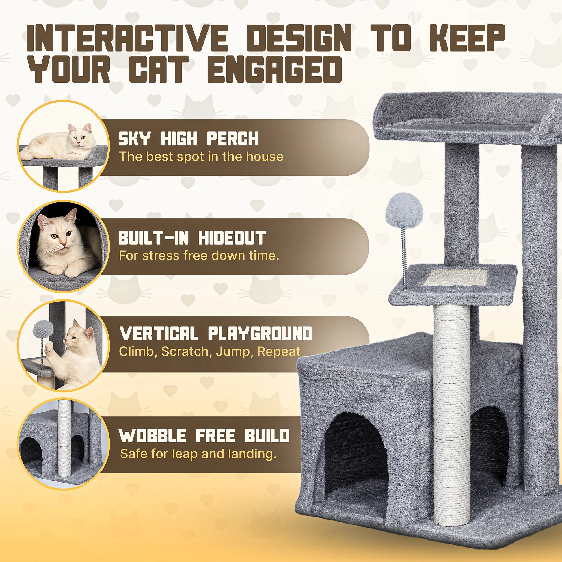 Cat Tree Tower for Indoor Cats, Tall Multi-Level Pet Furniture, Stable Kitty Play House with Sisal