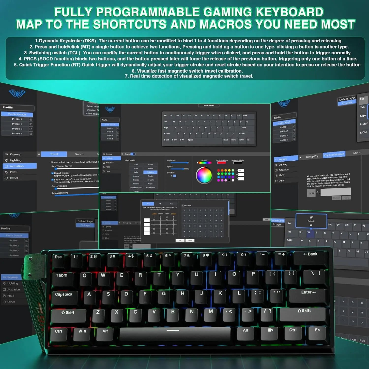 Aula WIN60 HE 60% Mechanical Keyboard Wired, Hall Effect Gaming Keyboard Magnetic Switch Hot Swappable, Adjustable Actuation Rapid Trigger Mode 8000Hz Polling Rate, RGB Keyboard 60 Percent Design