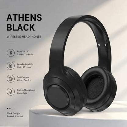 Black Wireless Bluetooth Over-Ear Headphones - Deep Bass Hi-Fi Stereo, 40H Playtime, Foldable Lightweight Headset with Mic for Ios/Android Devices, Wireless Headphones